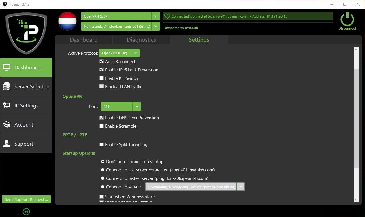 IPVanish VPN Client Settings screenshot
