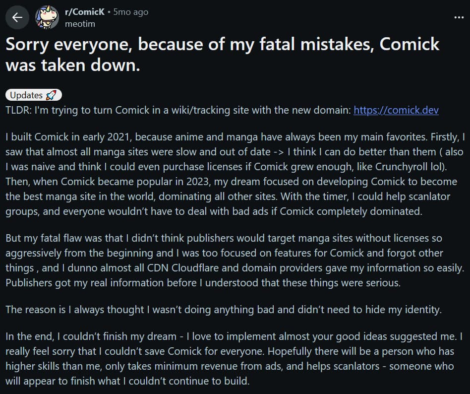 Comick Shutdown Comick Shutdown Reddit Post Announcement