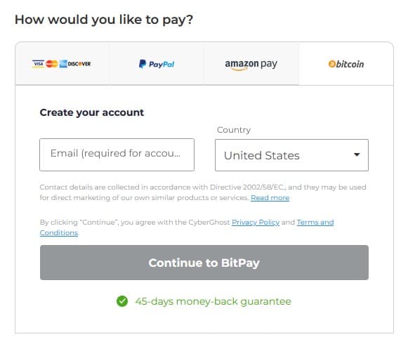Cyberghost Bitcoin Payment Options Screenshot of CyberGhost Bitcoin payment option