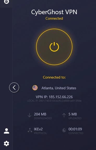 Cyberghost Connected Screenshot of CyberGhost VPN app after connecting