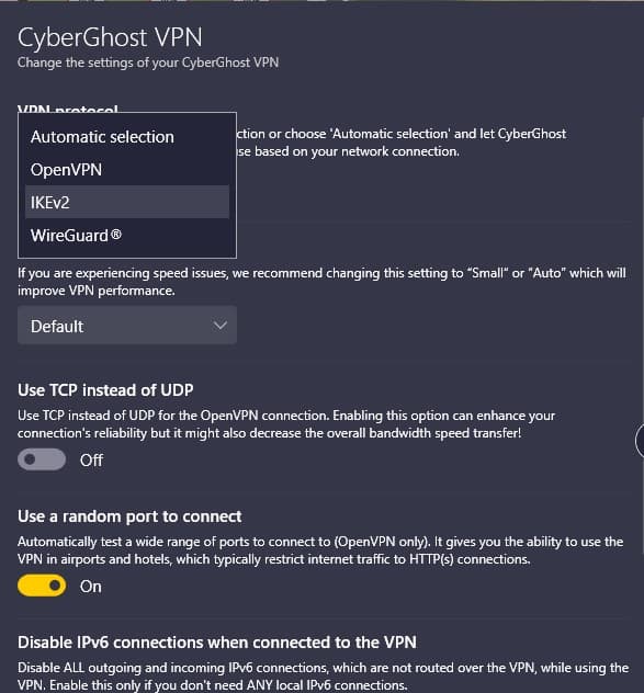 Cyberghost VPN Settings Screenshot of the Settings options in the CyberGhost VPN app