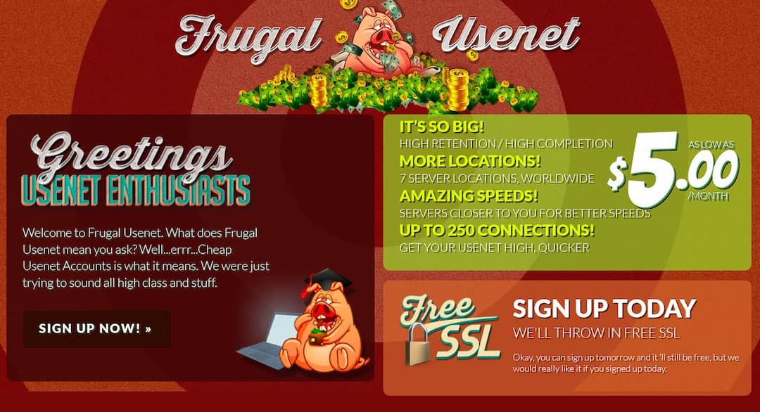 Frugal Usenet and Blocknews logos representing affordable Usenet providers with global servers