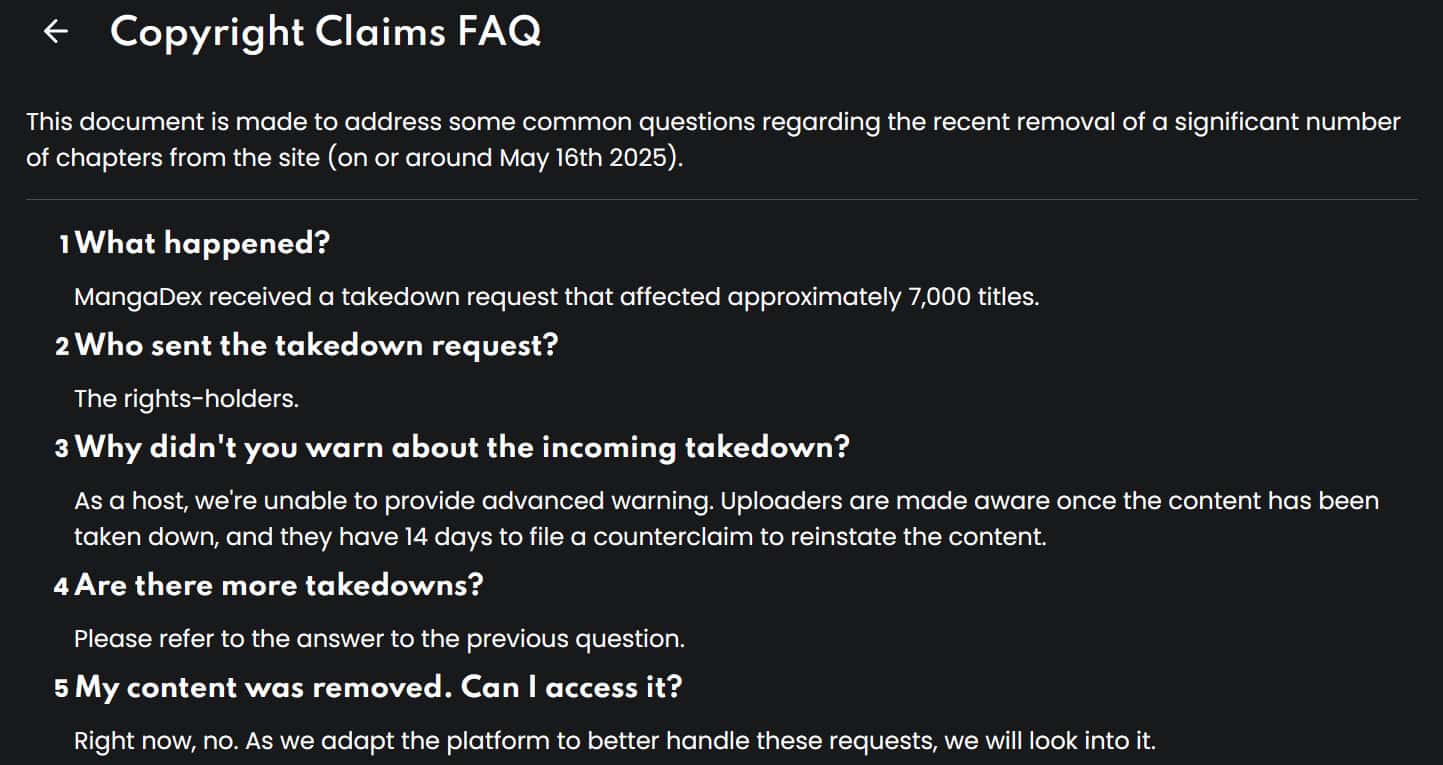 MangaDex DMCA Takedowns MangaDex DMCA Takedown FAQ Screenshot