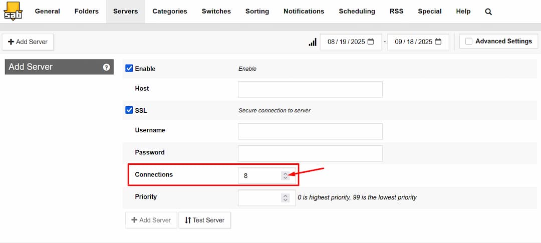 SabNZB Usenet Connections SABnzbd settings screen showing where to set the number of Usenet connections.